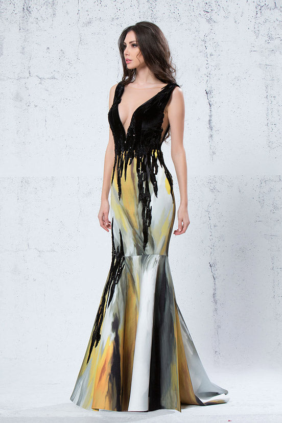 Plunging Neck Fit and Flare Gown