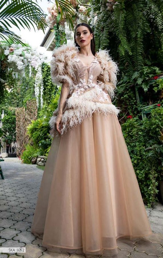 Ostrich Feathered Tulle Gown