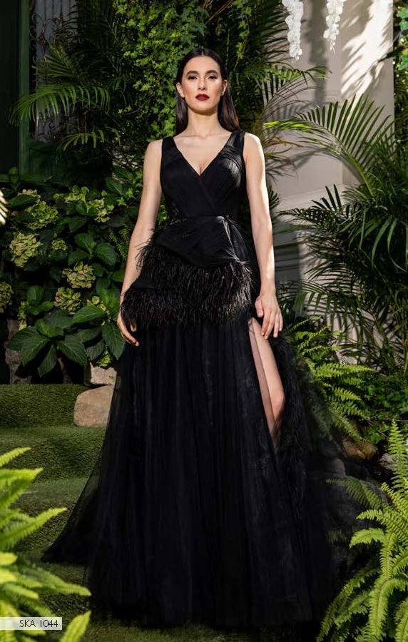 Feathered V Neck Sleeveless Gown