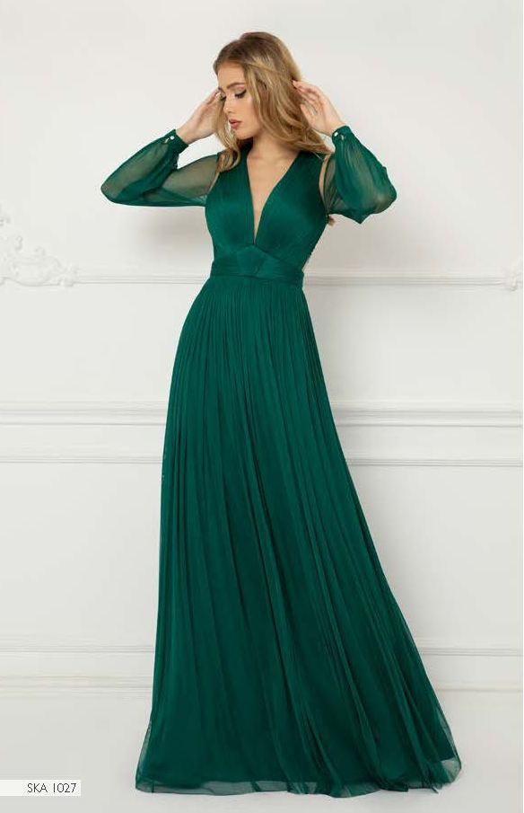 Long Sleeve Pleated Tulle Gown
