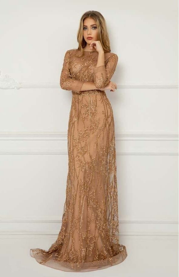 ¾ Sleeve Gold Embroidered Tulle Gown