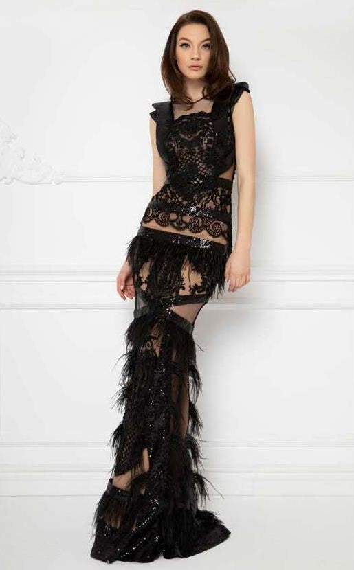 Embroidered Sequin Feathered Gown