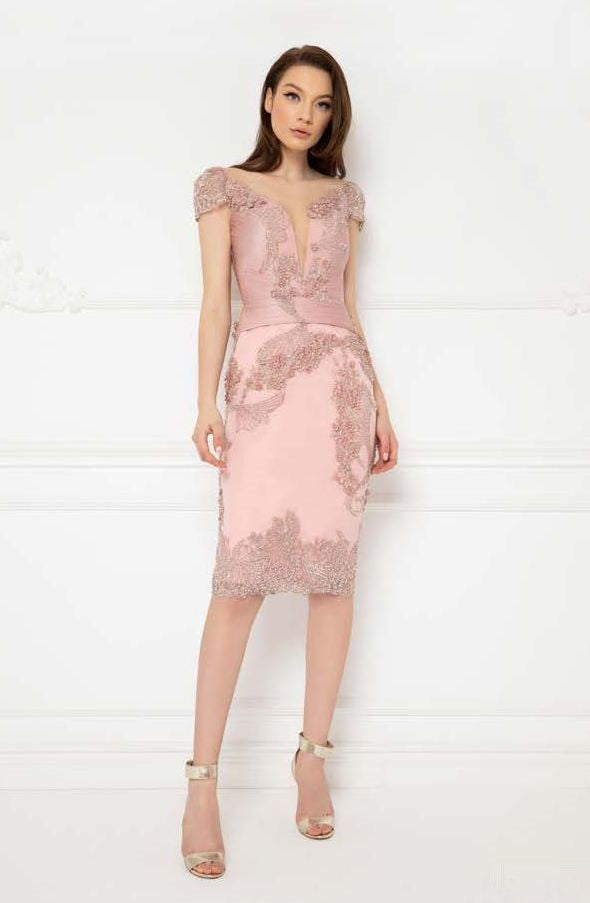 Embroidered Plunging Neck Cap Sleeve Dress