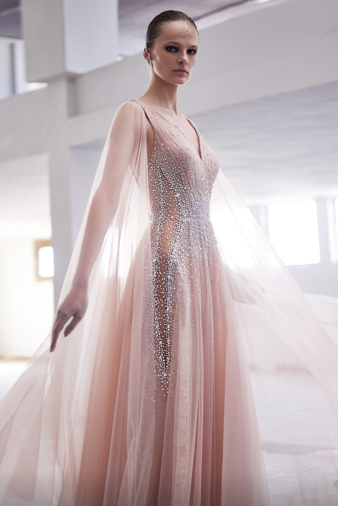 Cape Sleeve Pleated  Gown