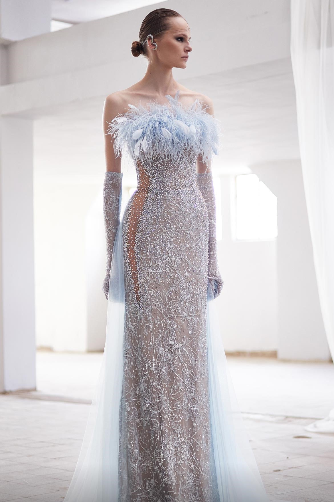 Feather Embellished Strapless Gown