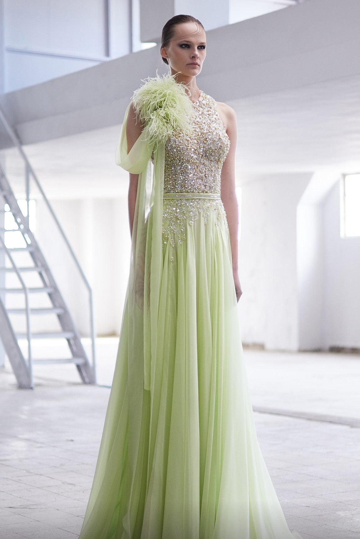 Feathered and Beaded Gown