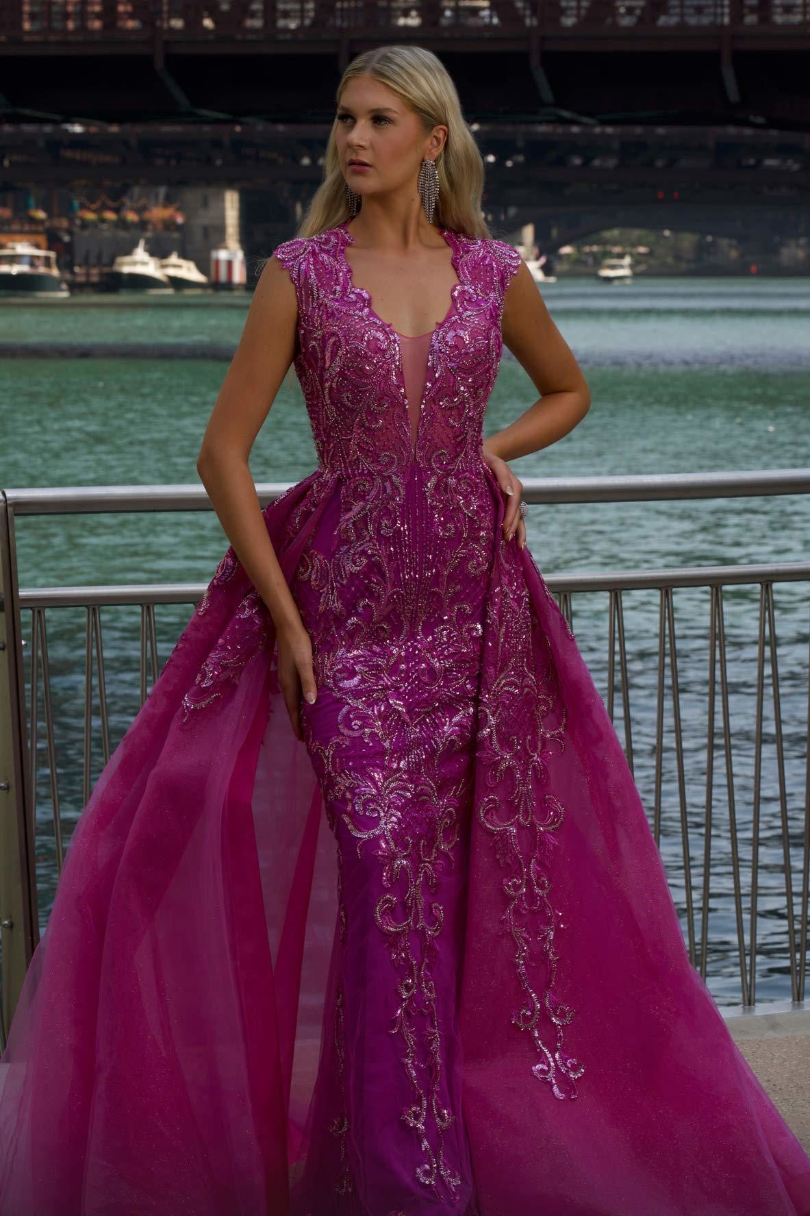 Embellished Cap Sleeve Gown with Overskirt