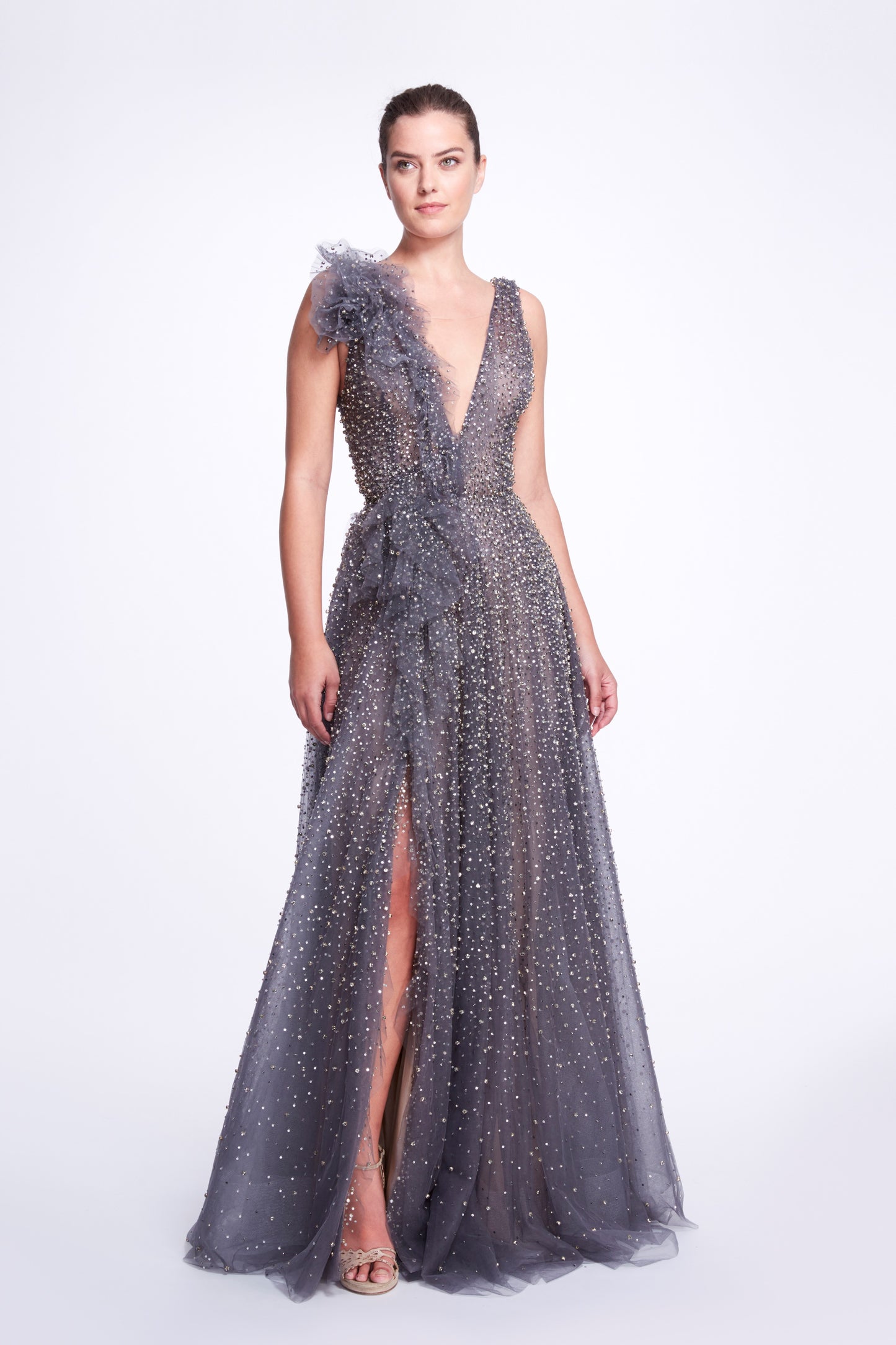 V-Neckline Tulle A-Line Slit Gown