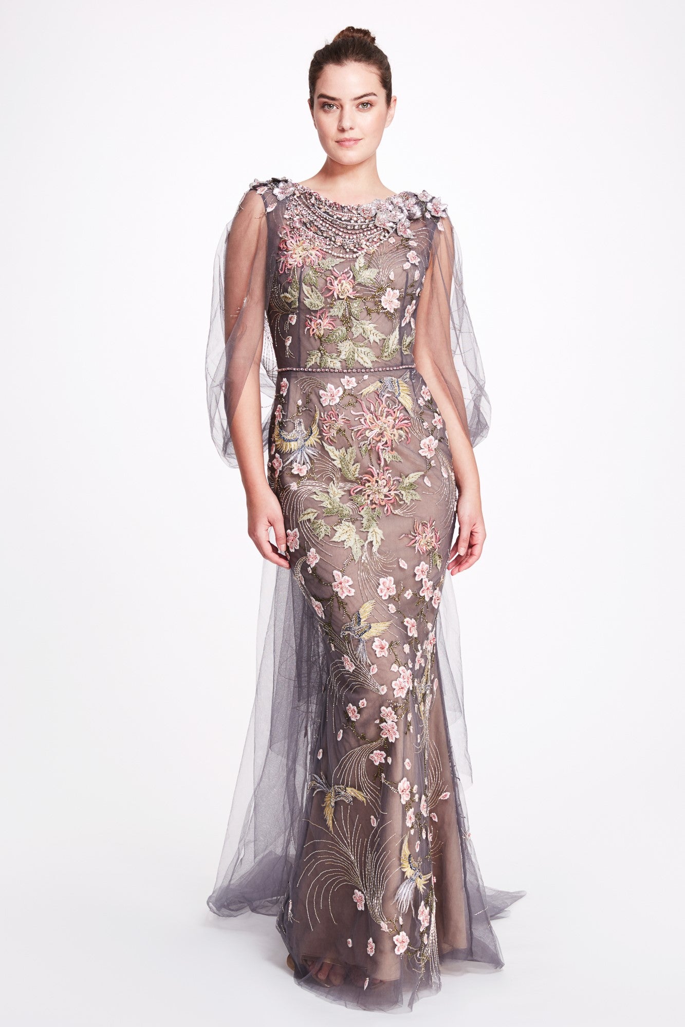 Beaded Neck Floral Gown