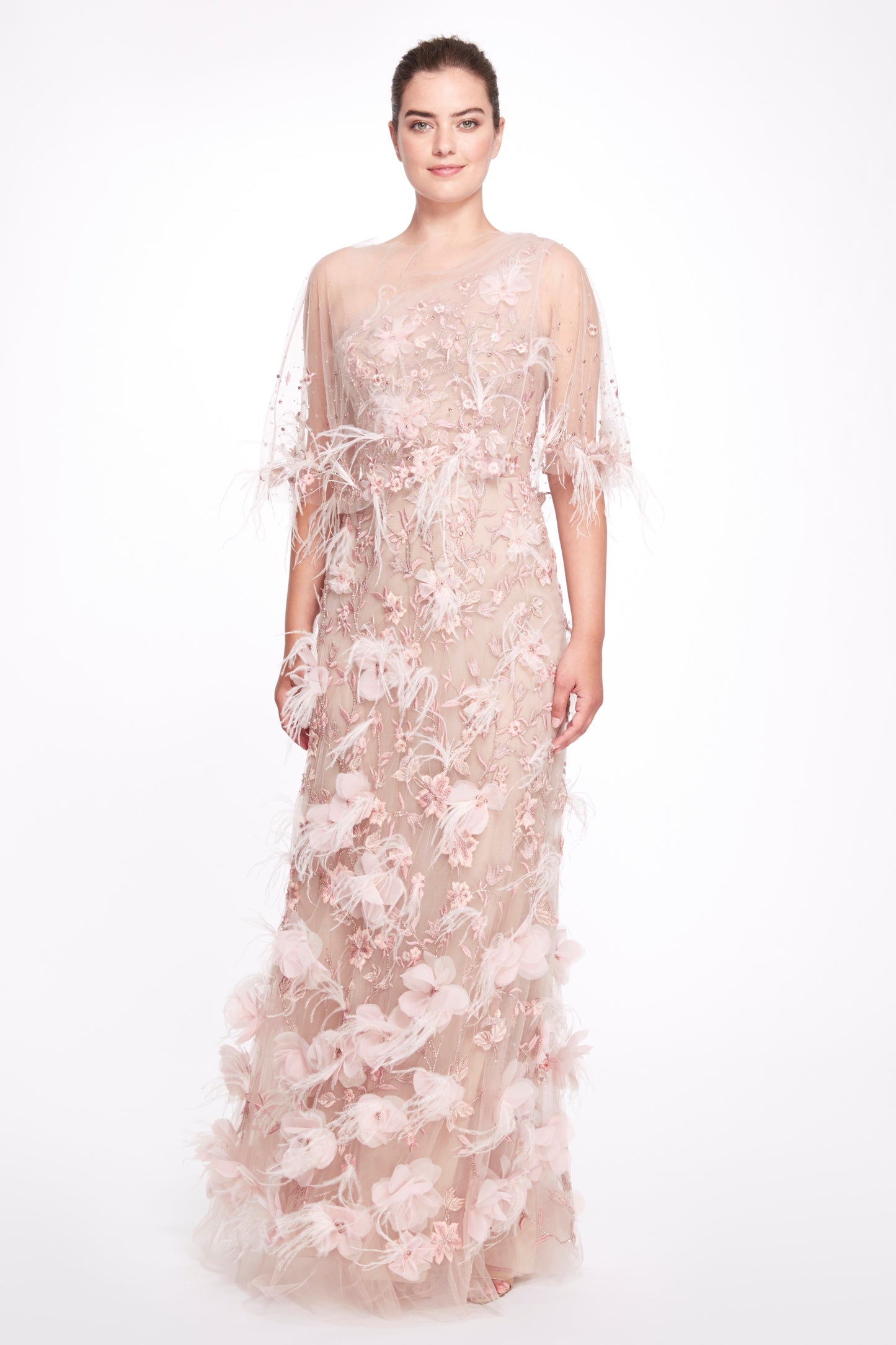 Floral Appliquéd One Shoulder Gown with Cape