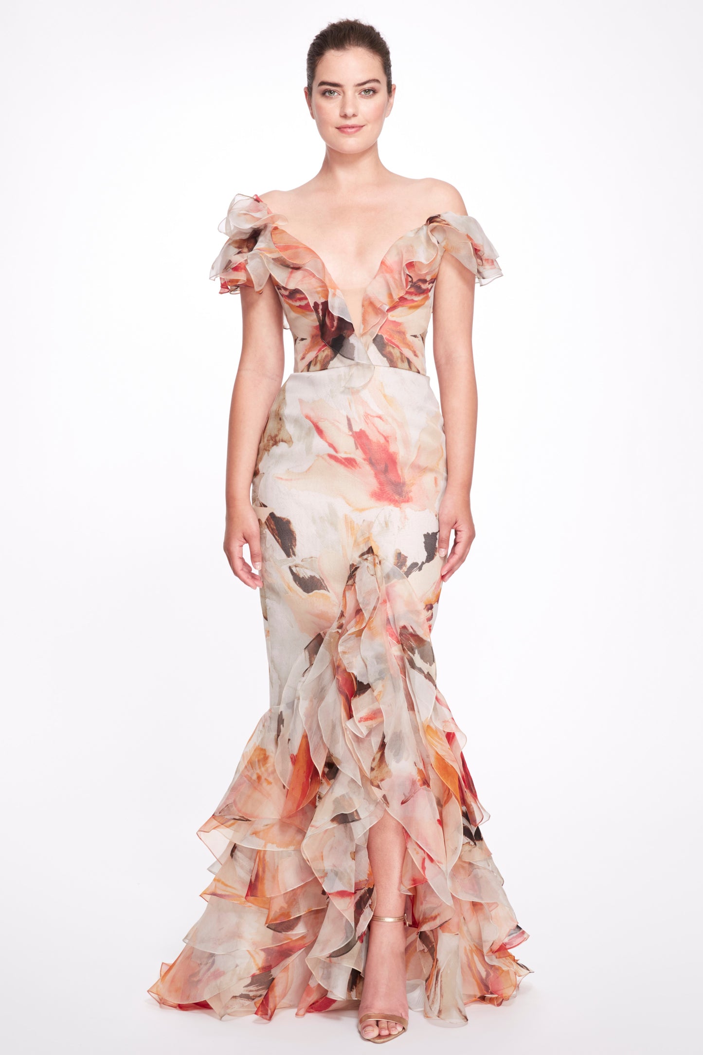 Floral Ruffled Trimmed Silk Gown