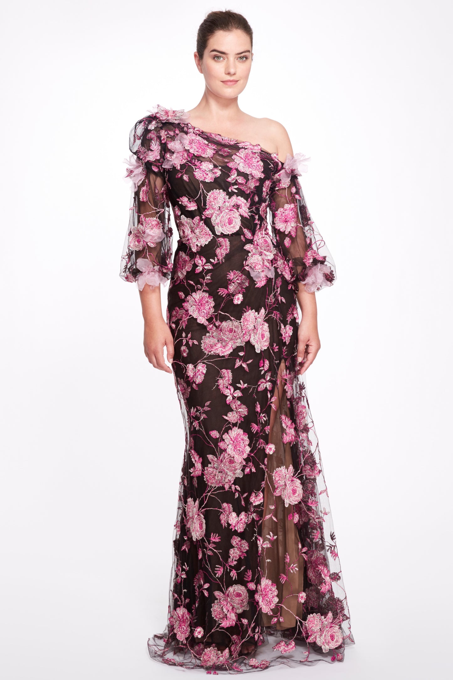 One Shoulder Floral Appliquéd Gown
