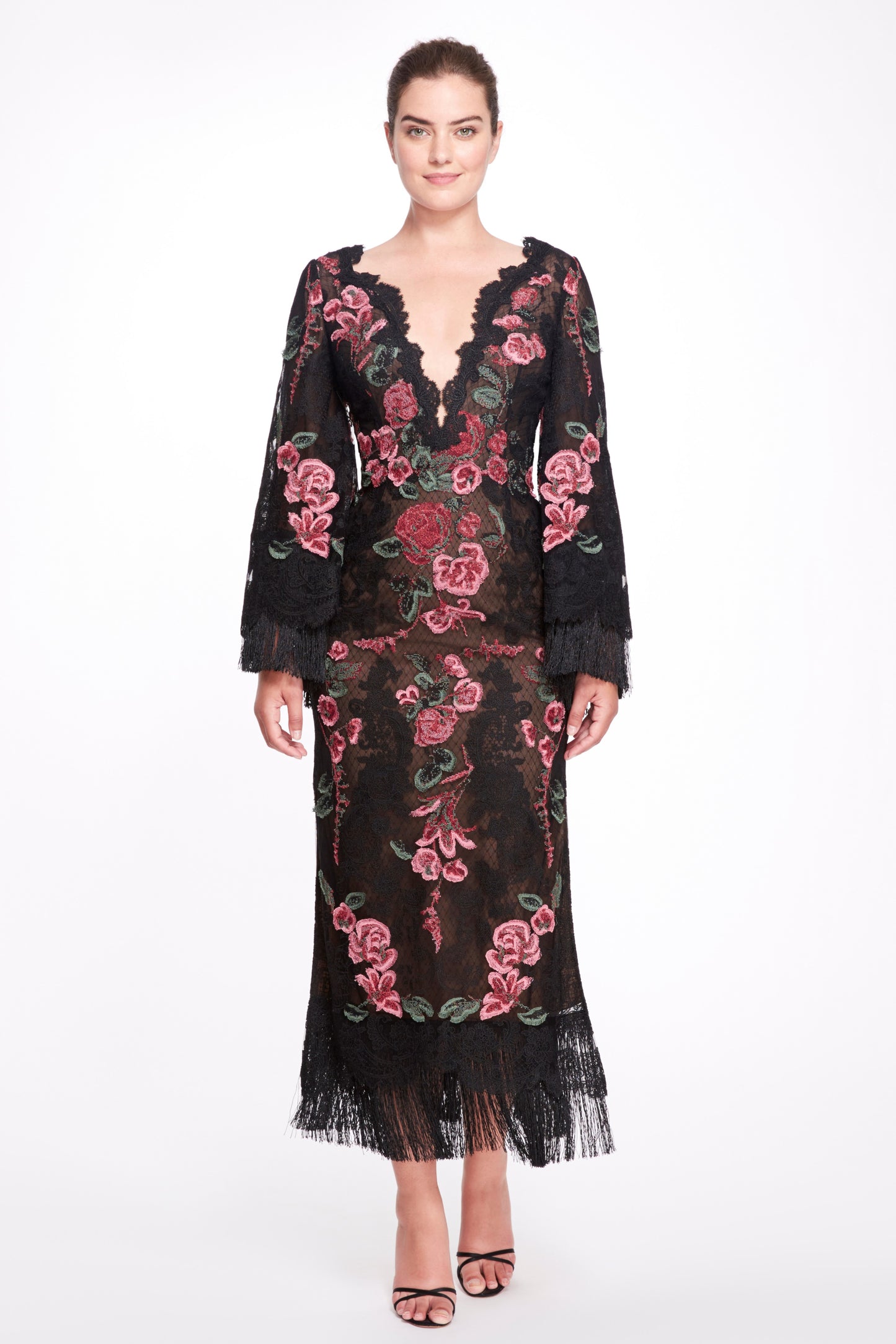Fringe-Trimmed Floral Appliquéd Dress