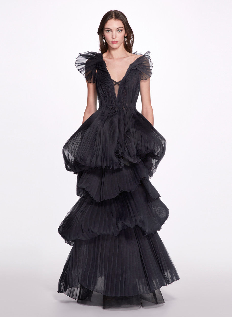 Multi-Tiered Black Pleated Gown