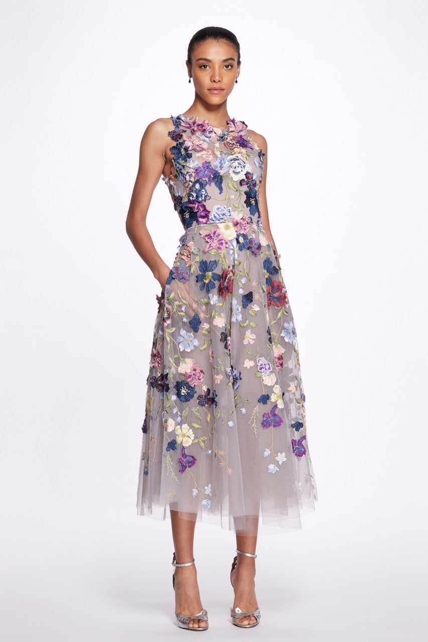 Floral- Embroidered A-Line Midi Dress