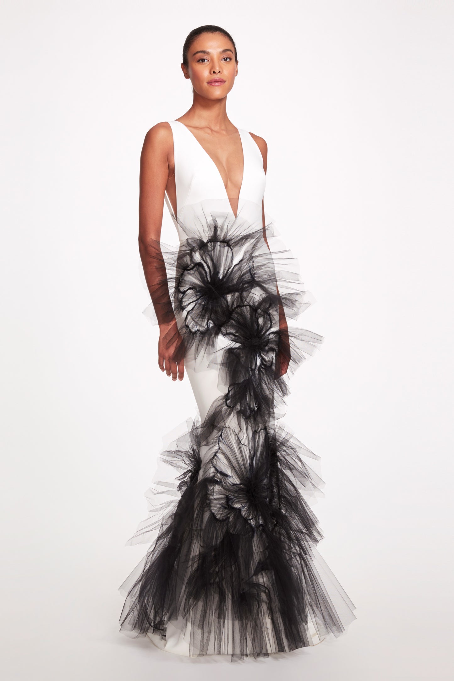 V Neckline Stretch Crepe Column Gown