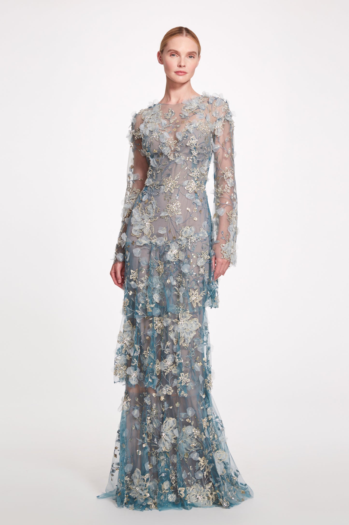 Long Sleeve 3-Tiered Column Gown