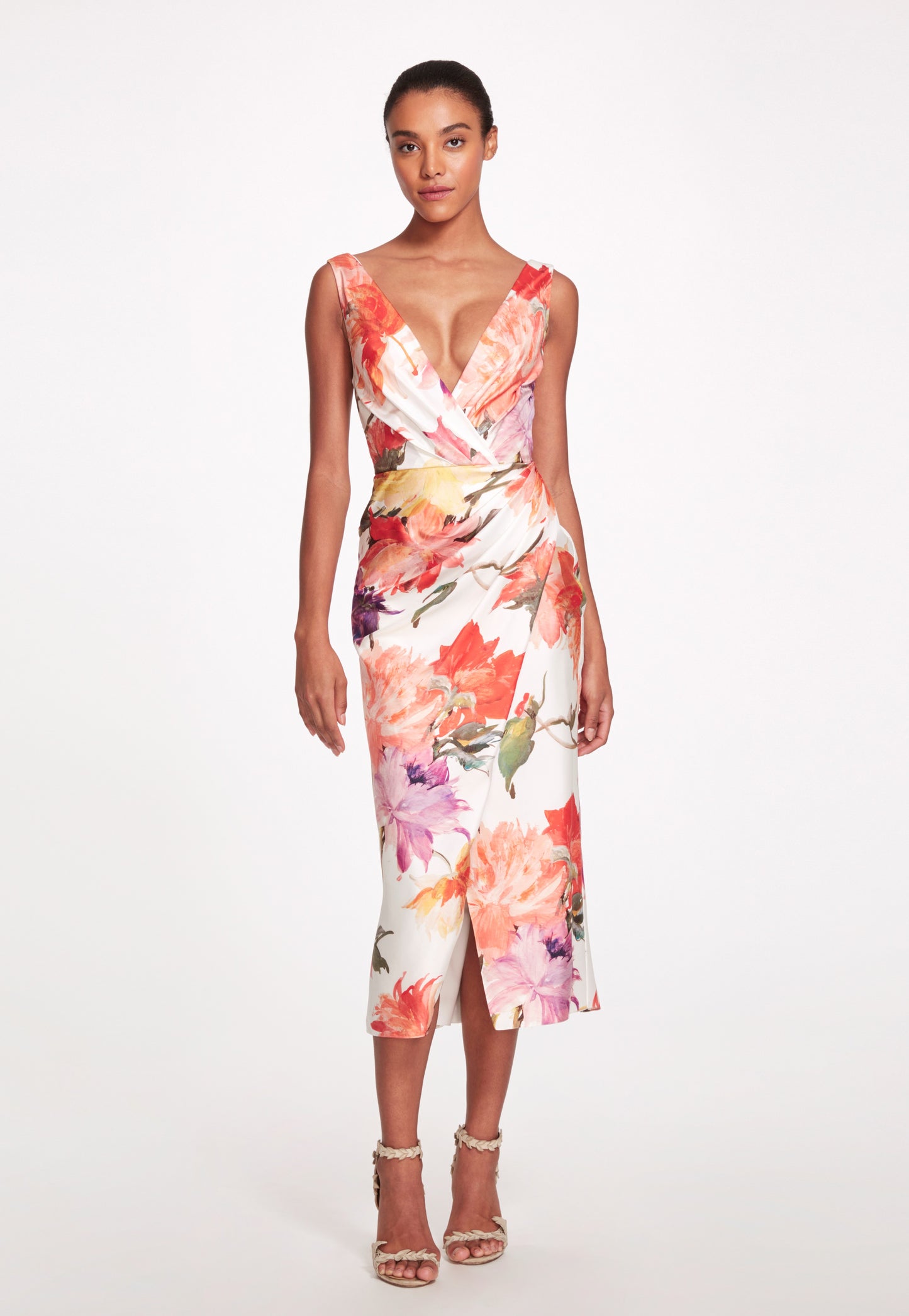 Floral Print Silk Twill Drape Cocktail Dress
