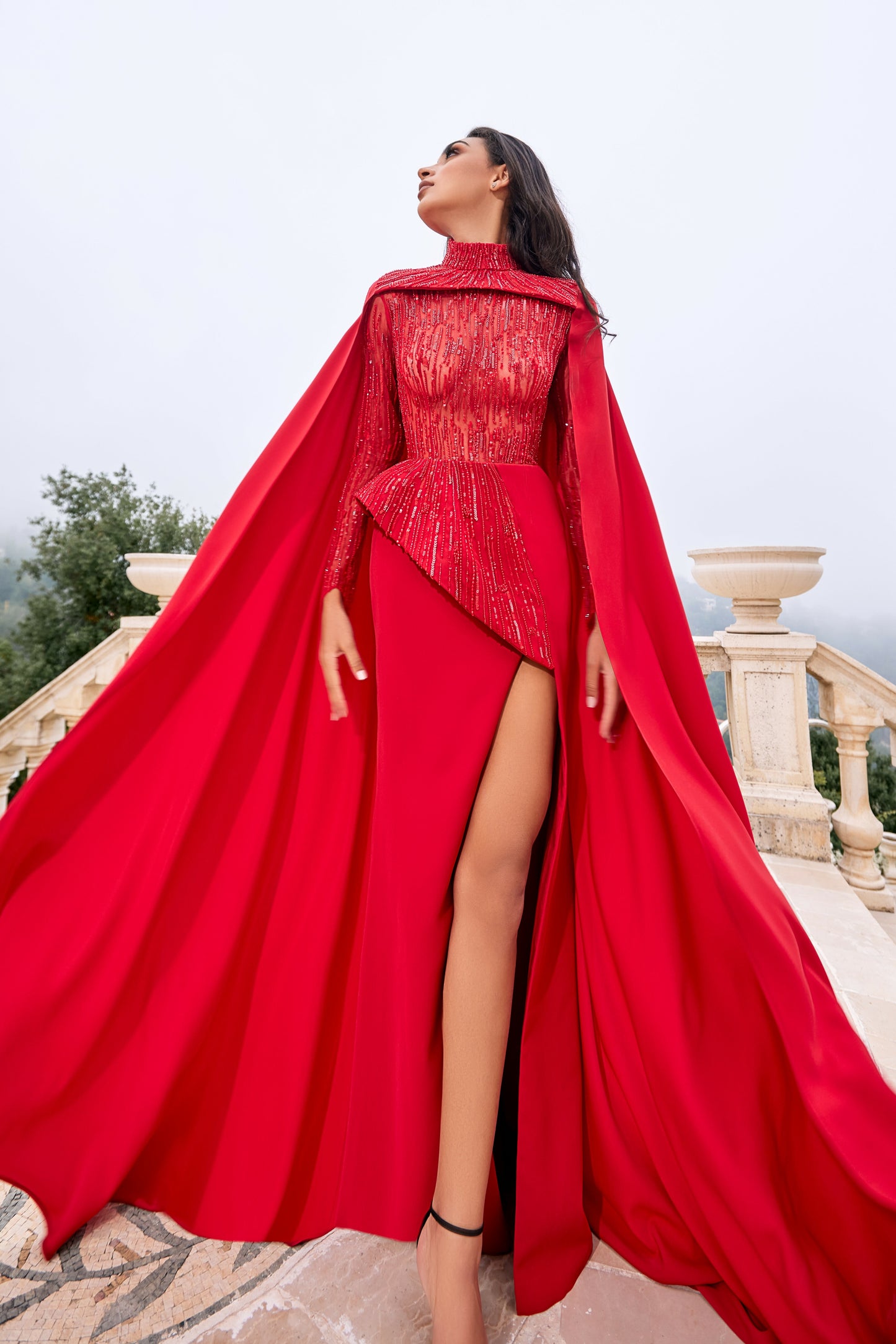 Beaded Cape-Style Gown