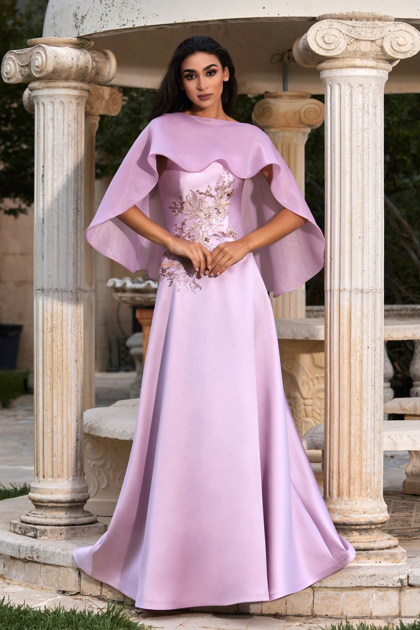 Embroidered Satin Gown with Cape
