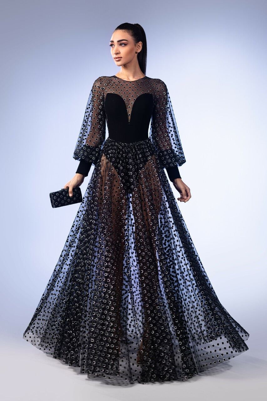 Velvet Dotted Tulle Gown