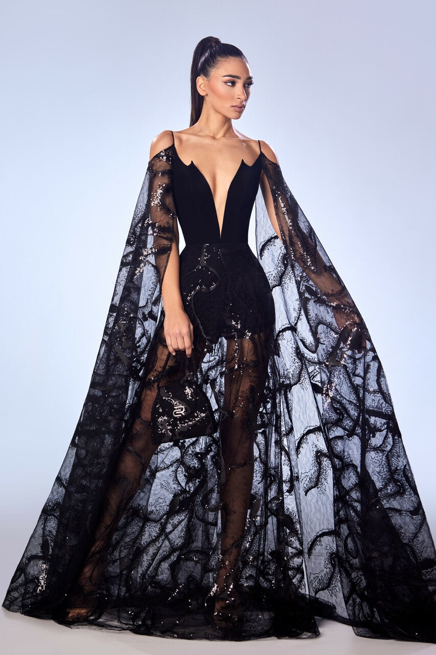 Beaded Chantilly Lace Cape Gown