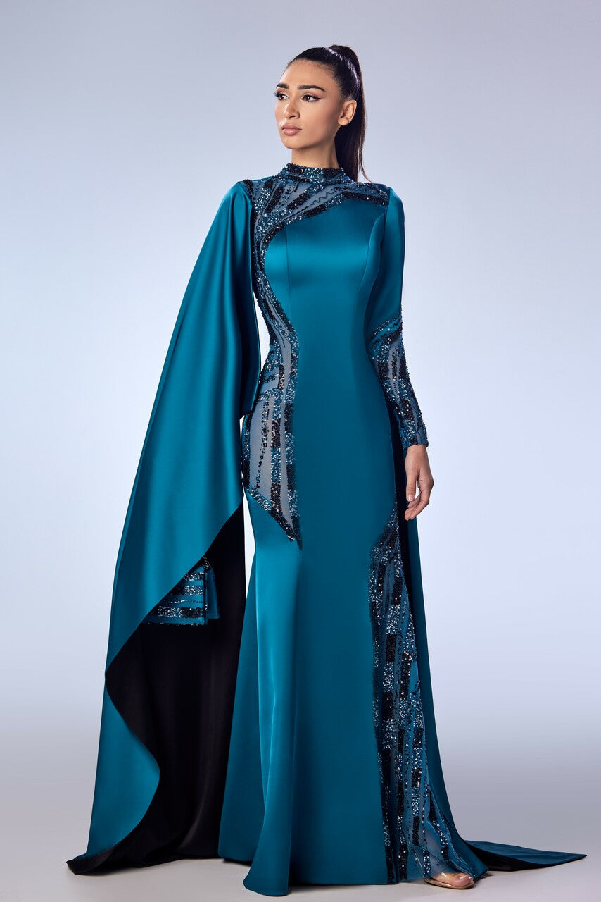 Beaded Cape Silk Satin Gown