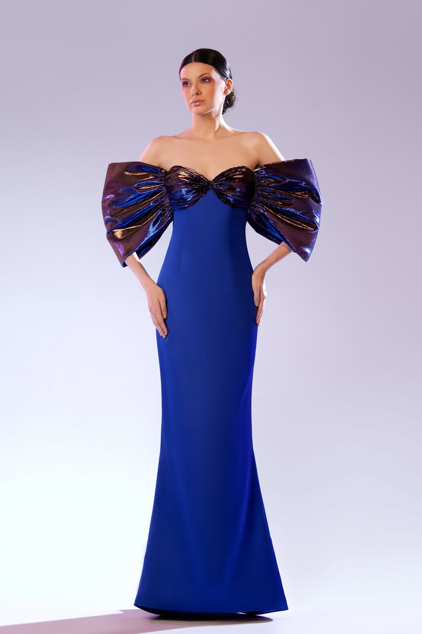 Strapless Metallic Sleeve Gown