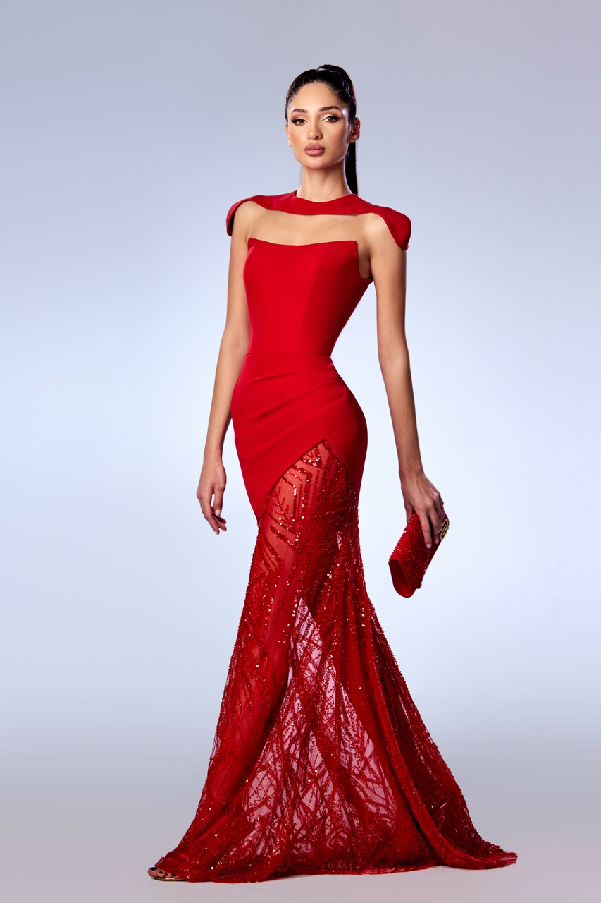 Crepe Gown with Beaded Tulle