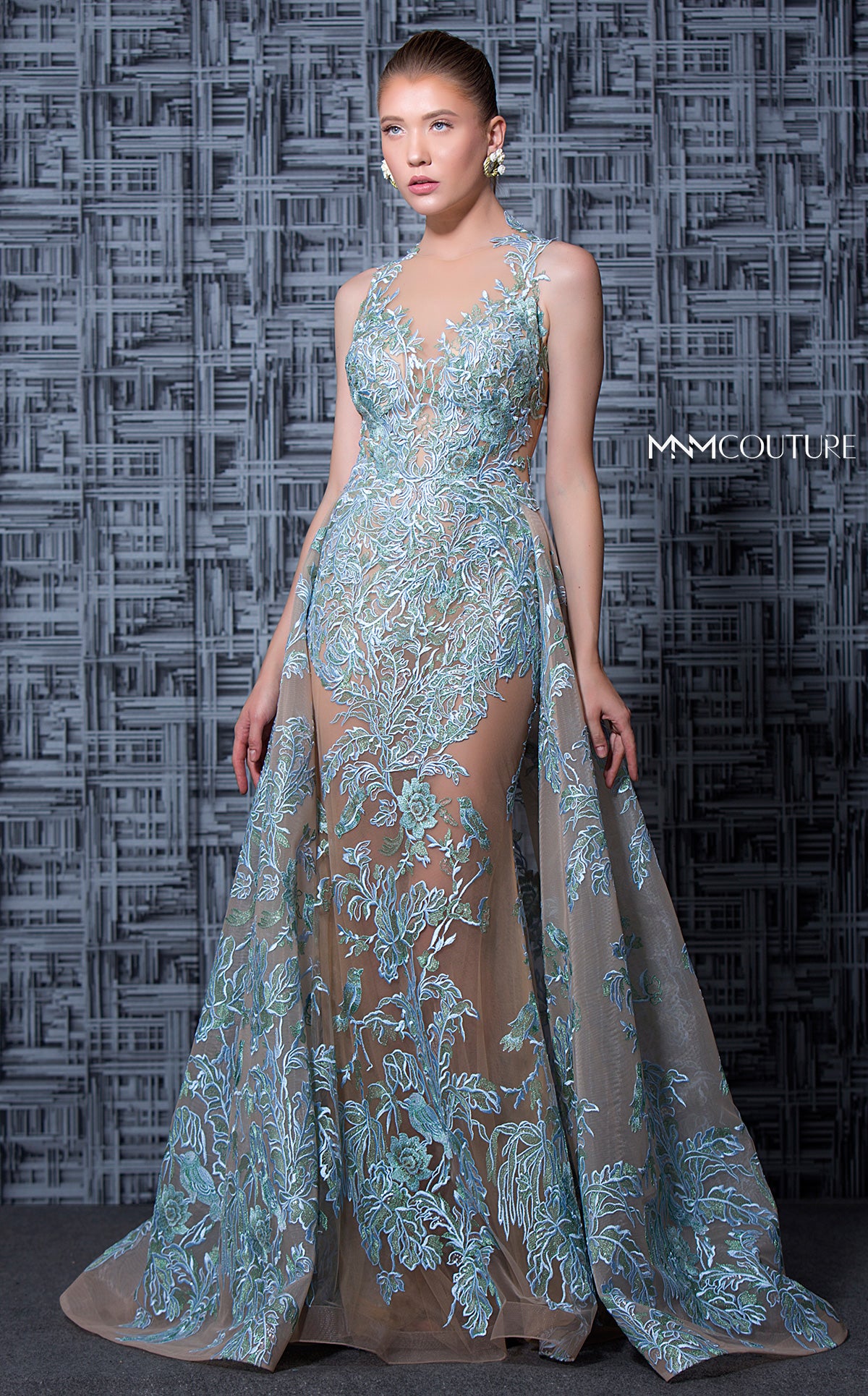 Nude Blue Sleeveless Halter Neck Evening Gown