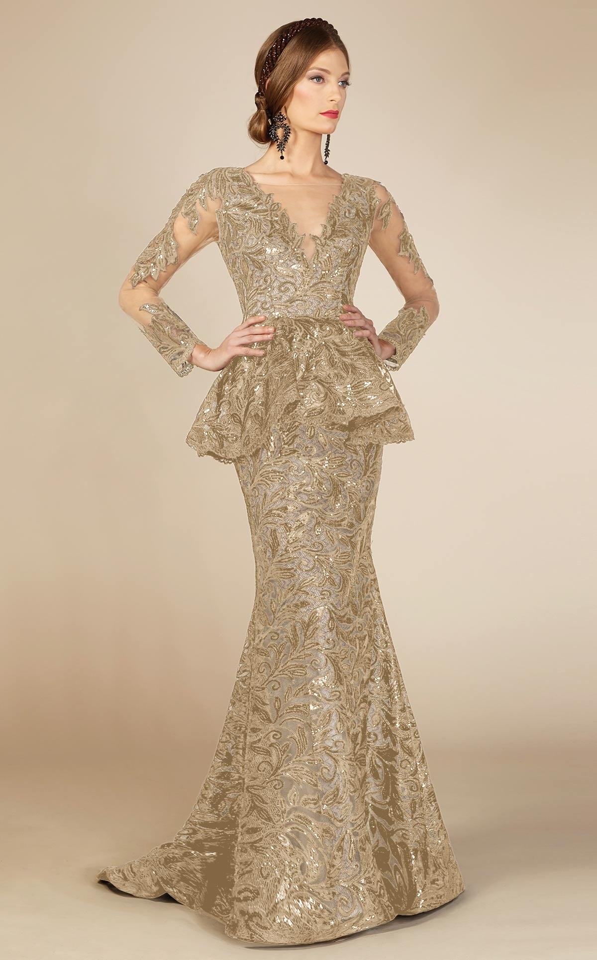 Long Sleeve Peplum Champagne Evening Gown