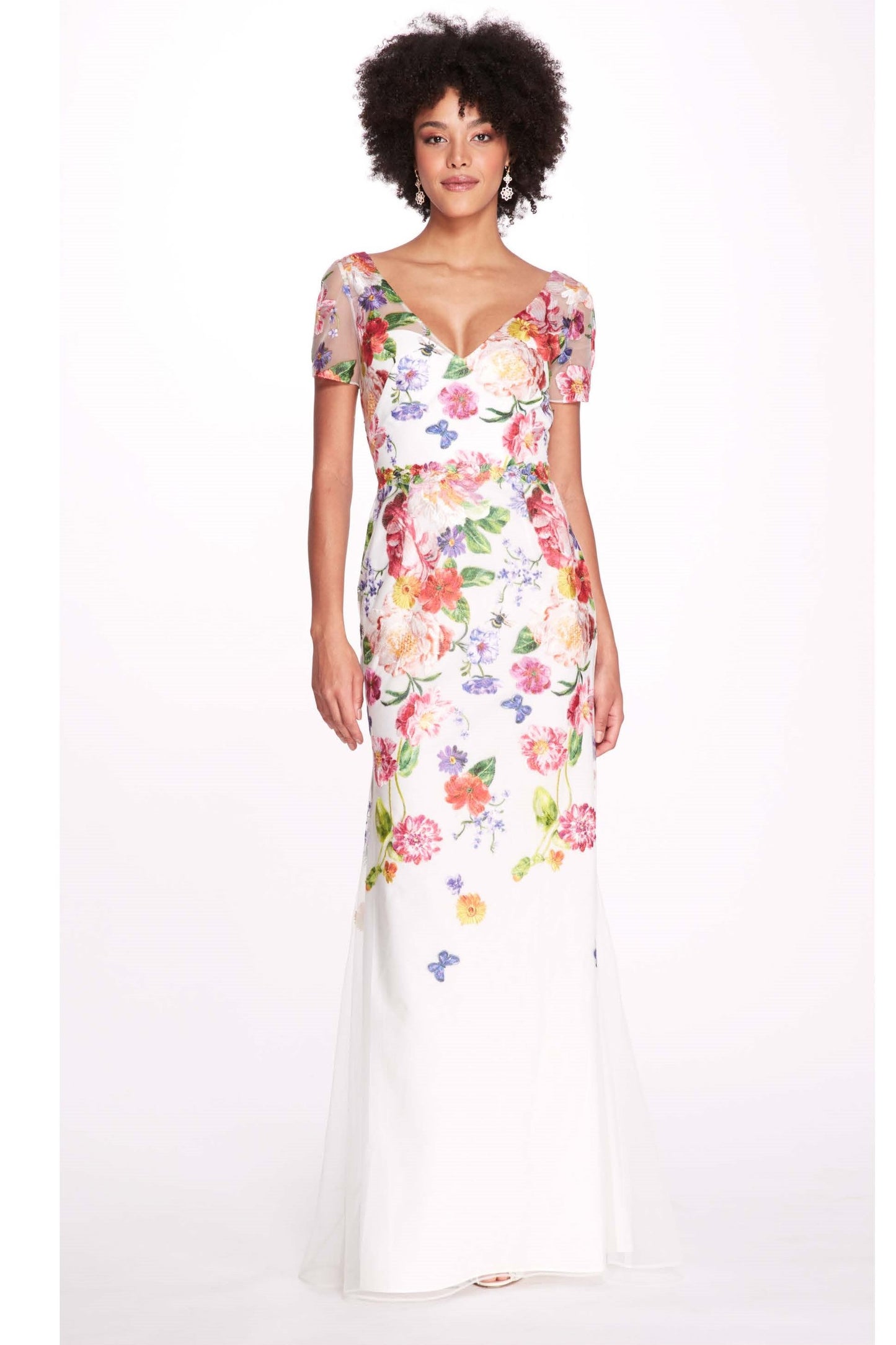 Embroidered V-Neck Floral Gown