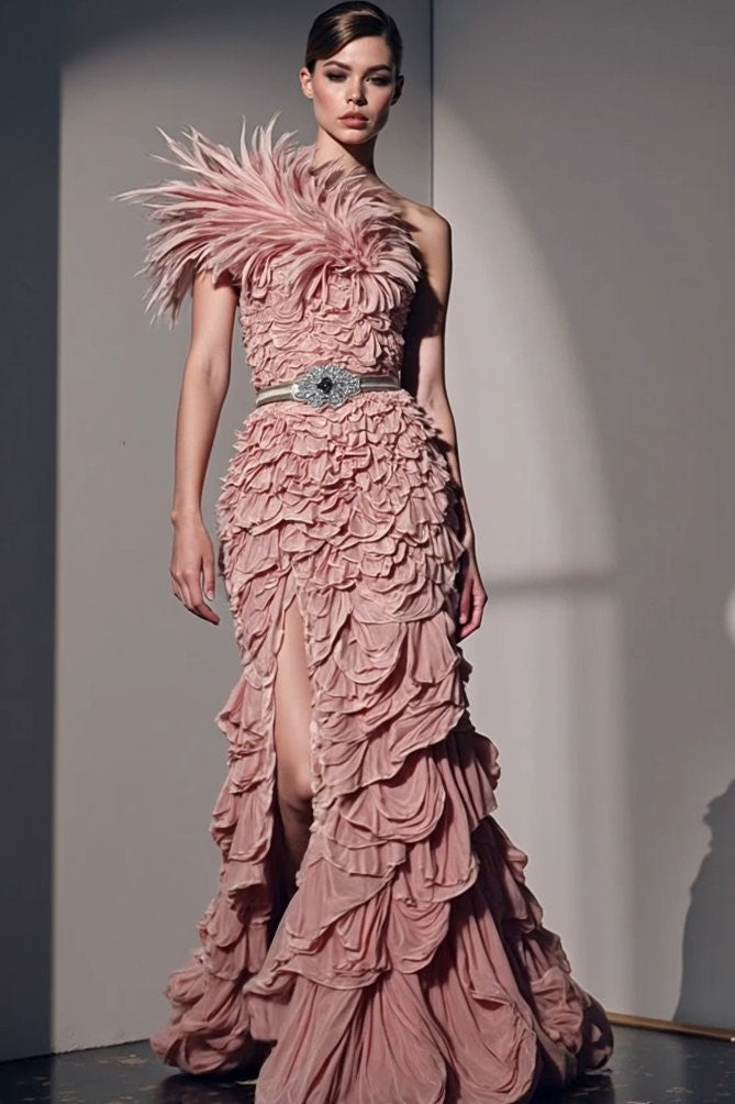 Feathered One Shoulder Slit Gown