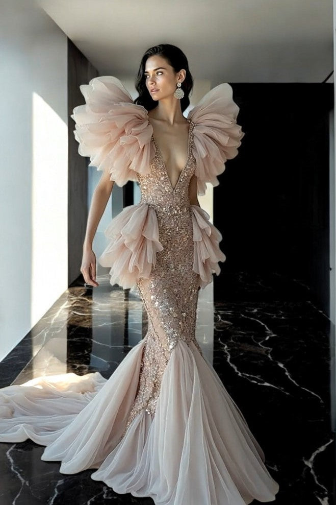 Oversized Ruffled Flared Gown