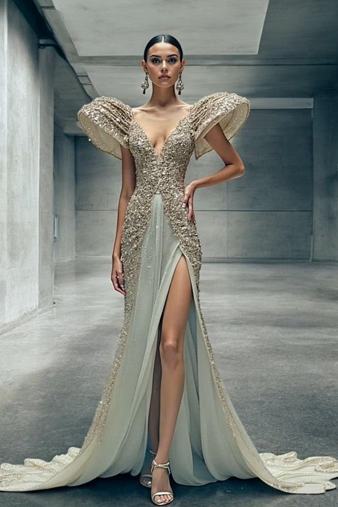 Sculpted-Sleeve Slit Gown