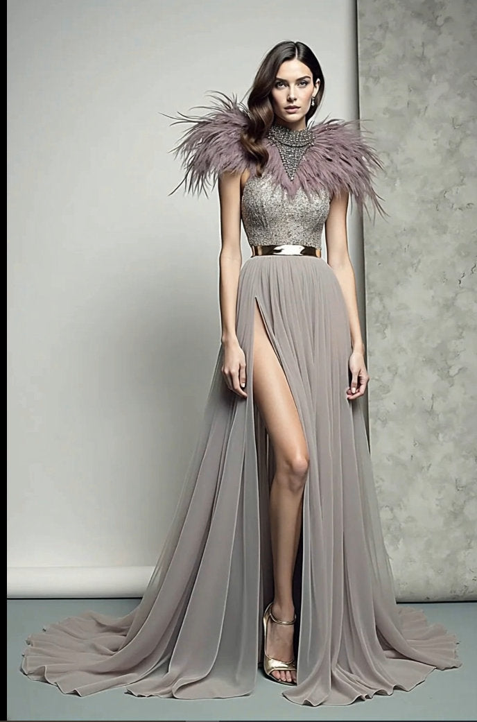 Feather Embellished Slit Gown