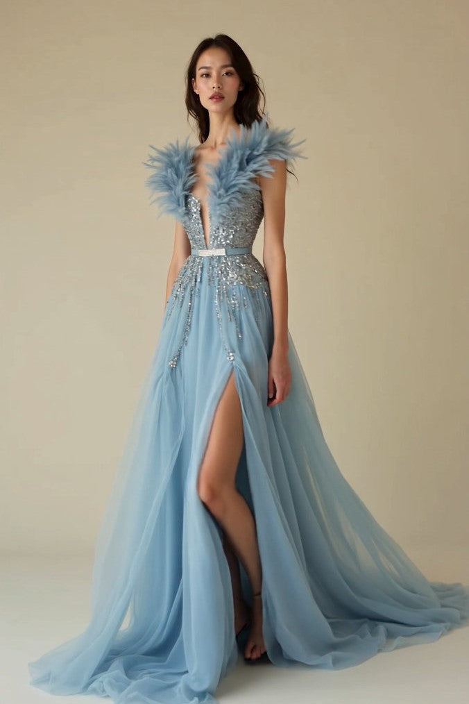 Feathered Cap Sleeve Gown