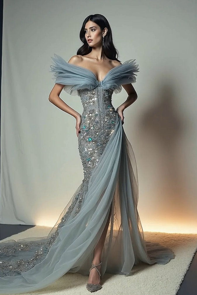 Ruffled Off-Shoulder Slit Gown