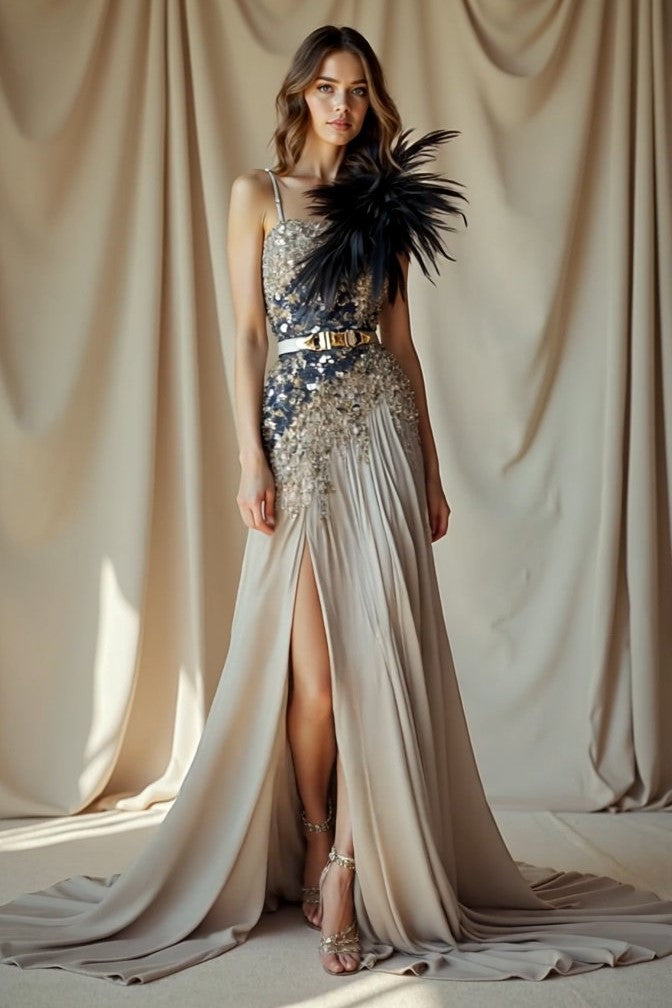 Feather Embellished Sleeveless Gown