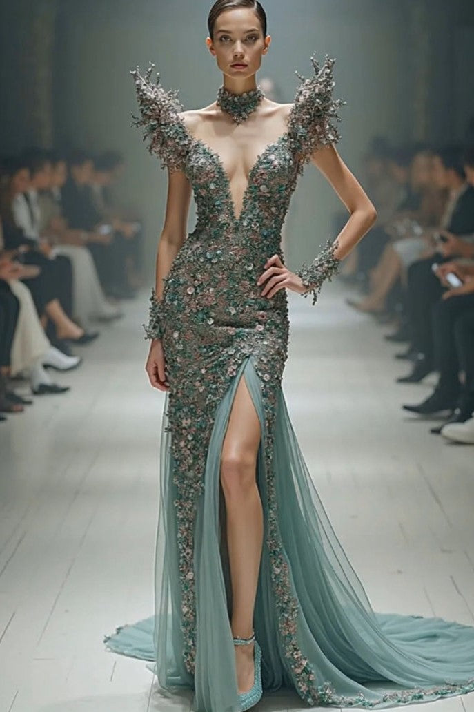 Embellished Sculpted Shoulder Gown