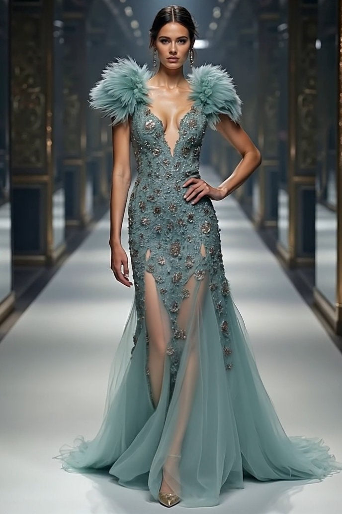 Feathered Shoulder Gown