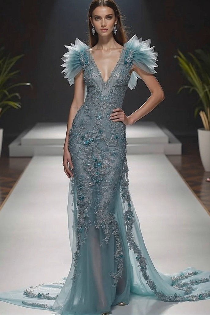 Ruffled Sleeve Embellished Gown