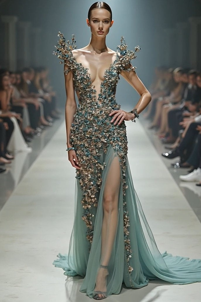 Embellished Sculpted-Shoulder Gown
