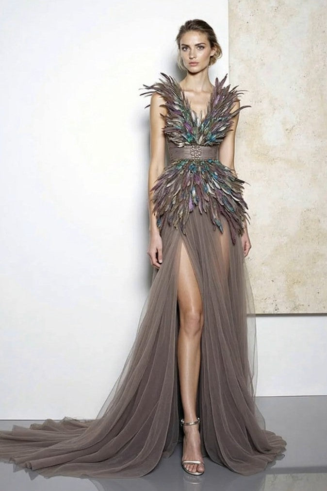 Feathered Peplum Slit Gown