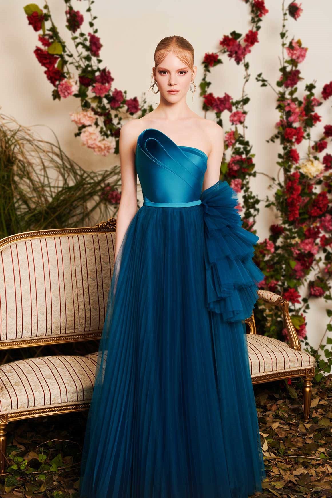 Pleated Draped Strapless Gown