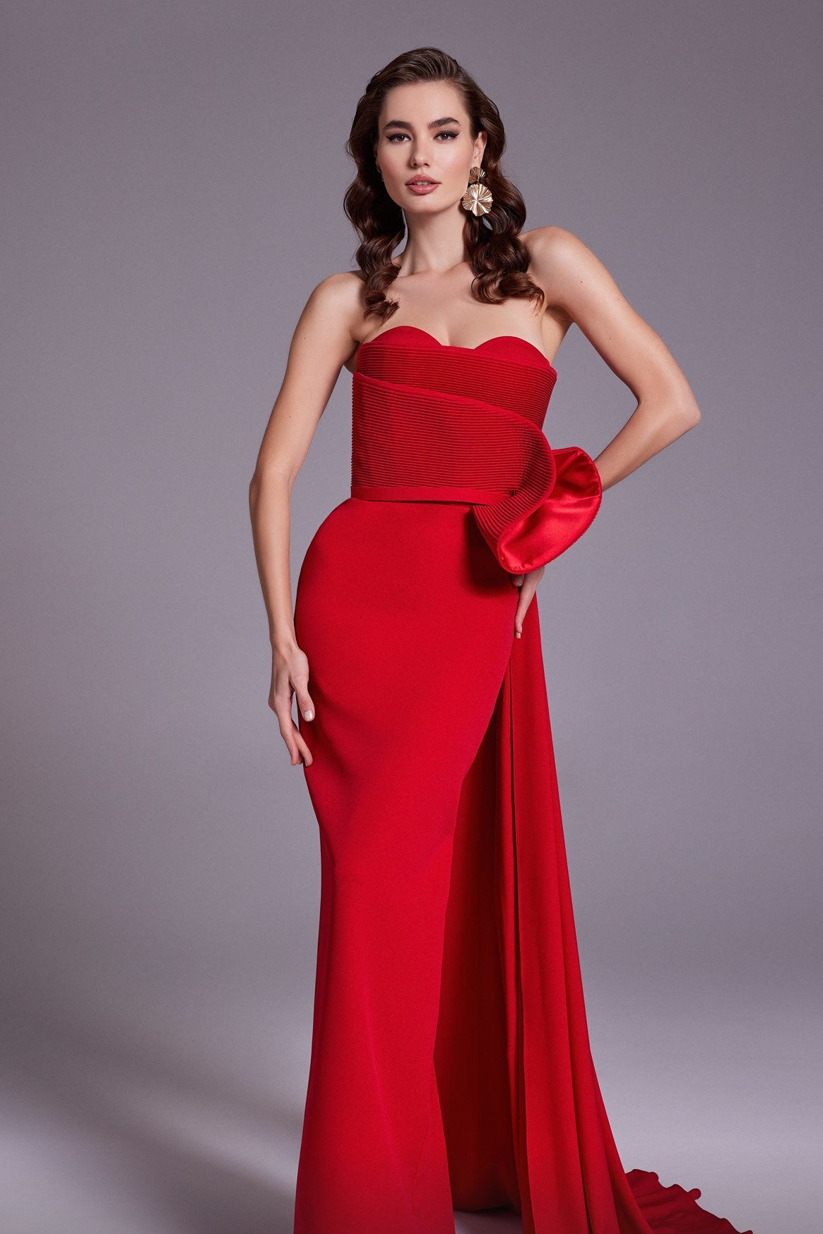 Velvet Draped Ruffle Strapless Gown