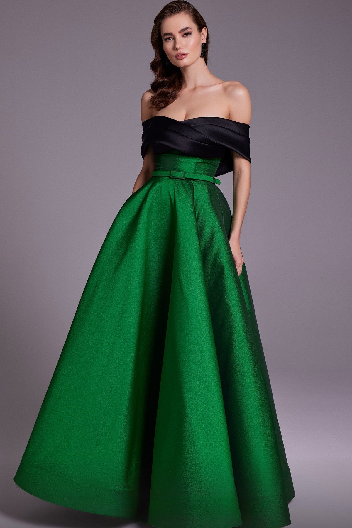 Off Shoulder Banded Sleeve A-Line Gown