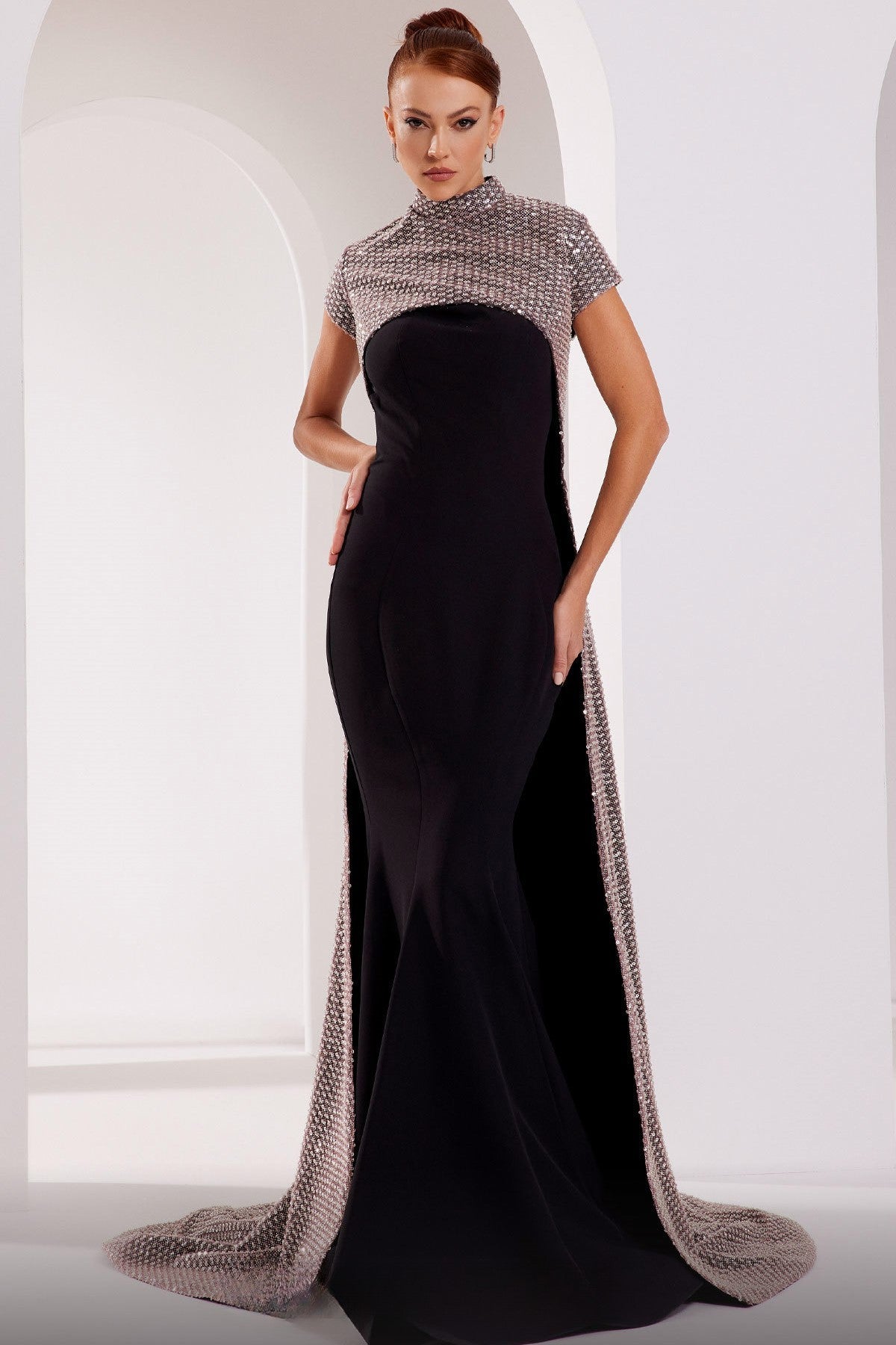 Short Sleeve Sweeping Sequin Gown