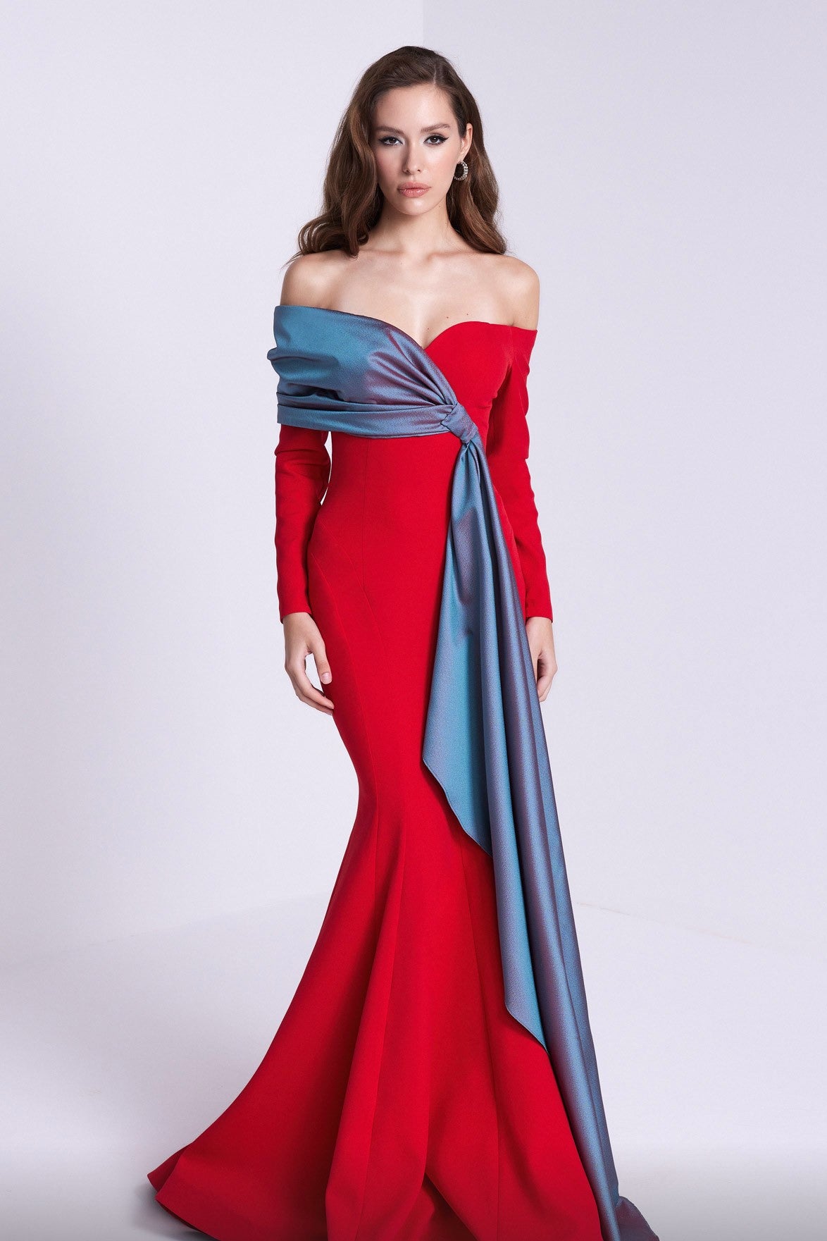 Draped Off Shoulder Mermaid Gown