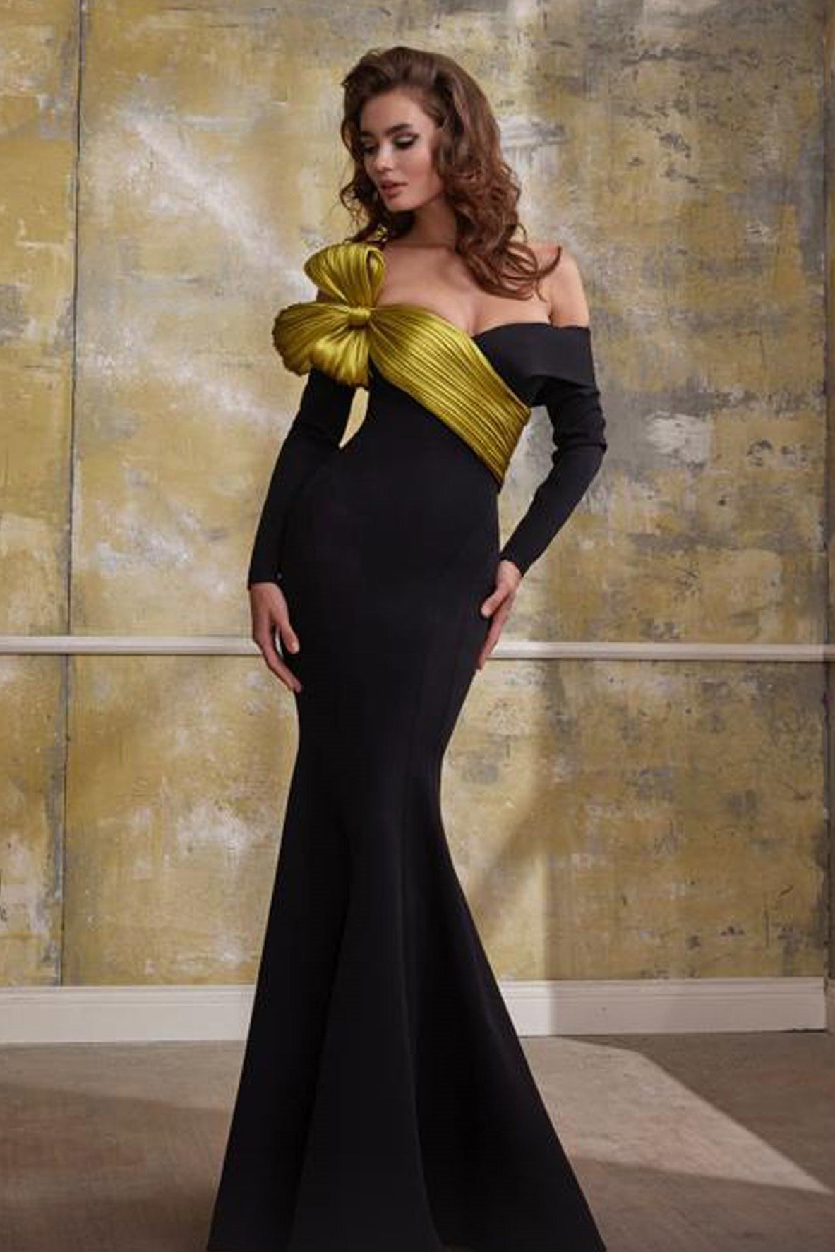 Off Shoulder Long Sleeve Flared Gown